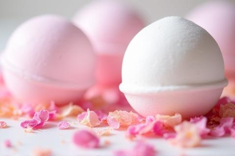 Pink and white bath bombs with scattered dried flower petals