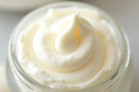 Whipped body butter in a clear glass jar, showing fluffy texture