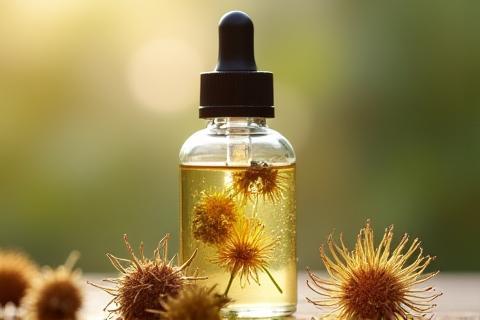 Glass dropper bottle of face serum with dried botanicals inside