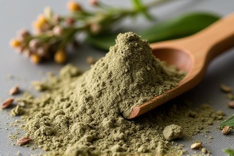Clay mask powder with dried herbs and wooden scoop