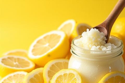 Sugar scrub with lemon slices and wooden spoon, showing texture