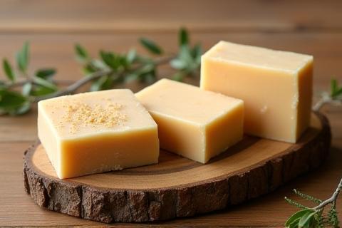 Handmade solid shampoo bars on a wooden tray with natural elements