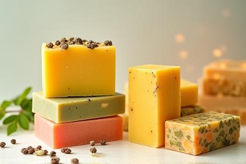 Assortment of colorful handmade soap bars with visible textures