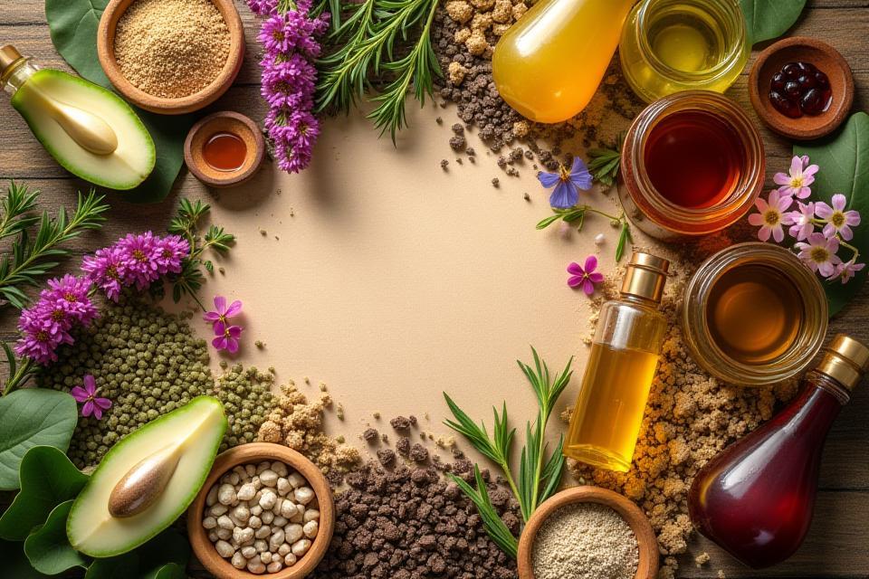 Ingredients for natural handmade cosmetics course, includes oils, herbs, flowers