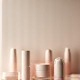 Small cosmetic bottles arranged neatly on a wooden shelf